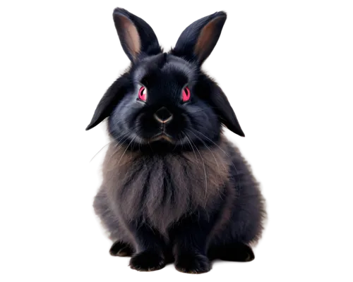 Black lop rabbit, cute face, fluffy fur, long ears folded back, bright big eyes, pink nose, twitching whiskers, sitting pose, soft focus, warm lighting, shallow depth of field, 3/4 composition, adorab