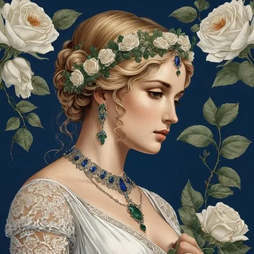 gardenias,jessamine,diana,persephone,lucretia,rose wreath,Conceptual Art,Fantasy,Fantasy 23