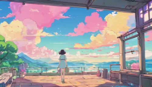 summer sky,atmosphere,dream world,pastel colors,summer day,rainbow color palette,dreamland,studio ghibli,dream beach,daydream,aesthetic,芦ﾉ湖,scenery,summer evening,the horizon,sky apartment,summer back