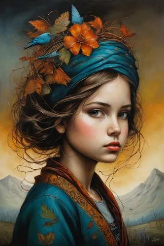 little girl in wind,mystical portrait of a girl,girl in a wreath,fairie,young girl,viveros,Illustration,Realistic Fantasy,Realistic Fantasy 34