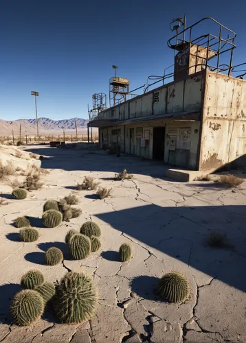 military base, Camp McCarran, Fallout New Vegas, post-apocalyptic, deserted, sandbags, watchtowers, concrete walls, NCR flags, soldiers in uniform, patrolling, abandoned terminals, rusting aircraft, M