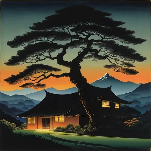 the japanese tree,house silhouette,lonetree,hiroshige,bonsai,cool woodblock images,Illustration,Japanese style,Japanese Style 21