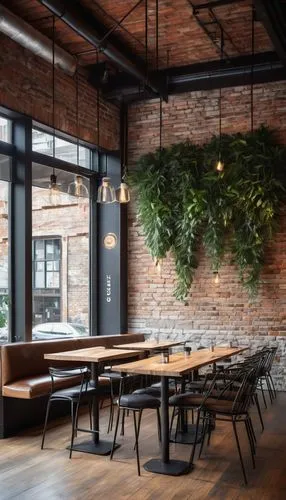 boxwoods,redbrick,wooden beams,officine,coteries,eveleigh,oddfellows,cafetorium,potted plants,hanging plants,new york restaurant,brewpub,wine bar,intensely green hornbeam wallpaper,taproom,greenhaus,headhouse,contemporary decor,nolita,bar stools,Illustration,Japanese style,Japanese Style 21