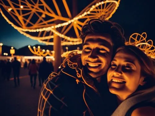 a happy couple on a trip,two people taking a selfie together at night with lights overhead,bokeh hearts,bokeh lights,bokeh effect,glowing antlers,background bokeh,bokeh,illuminations,vivid sydney,fair