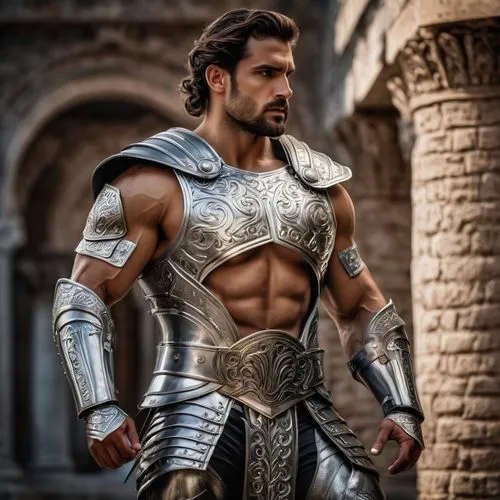 An insanely handsome Greek god, wearing silver armor pants, silver armor vest and silver armor boots, his is quite muscular, ,ashur,drona,porus,illyrian,atharva,herodian,rhodian,bhishma,alcide,hurrian