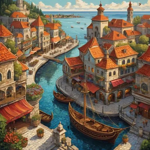 constantinople,dubrovnik city,dubrovnik,fishing village,island of rab,harbor,istanbul,ancient city,medieval town,popeye village,old city,dubrovnic,kings landing,mediterranean,boat landscape,seaport,boat harbor,vizcaya,bosphorus,istanbul city,Conceptual Art,Oil color,Oil Color 08