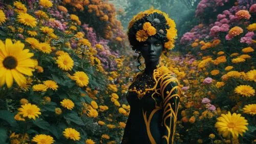 Añade un fondo psicodélico con muchas flores,girl in flowers,helianthus,yellow garden,sunflowers in vase,pollinate,secret garden of venus,rudbeckia,helianthus occidentalis,celestial chrysanthemum,sunf