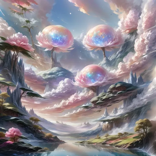 fantasy landscape,fairy world,mushroom landscape,futuristic landscape,dream world,fantasy world,cosmos field,fantasy picture,fairy galaxy,hot-air-balloon-valley-sky,3d fantasy,alien world,alien planet,cosmos wind,skyflower,spheres,background with stones,dreamland,fairy forest,snowglobes