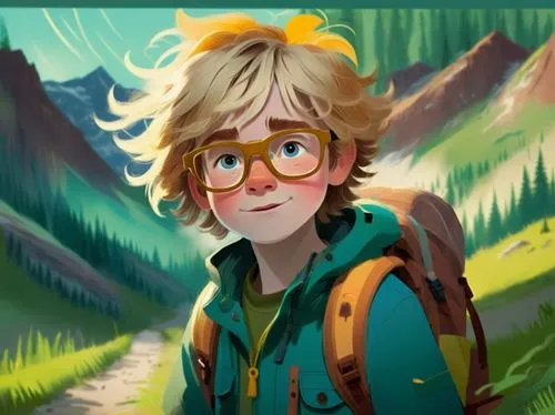 A young boy, around eight years old, with messy blonde hair and blue eyes, wearing glasses and dressed in hiking gear. His hair is tousled, giving him a carefree and adventurous look,there is a  with 