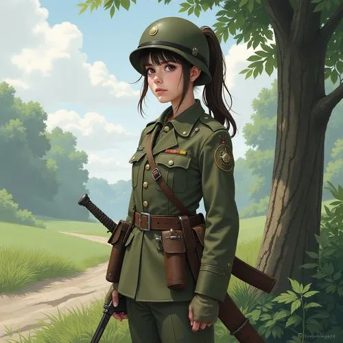 a girl in a military uniform,vietnam,arvn,volksgrenadier,kuribayashi,panzergrenadier,nva,Illustration,Realistic Fantasy,Realistic Fantasy 04