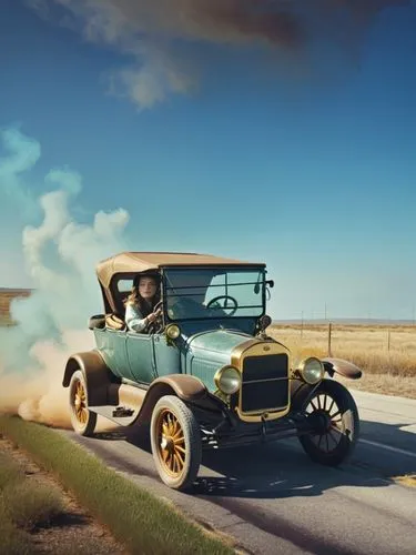 Mrs. Clara Jane Ford is at the center of the action. She is driving a Ford (Model T) through a Texan landscape, its dark green paint reflecting the bright sunlight. The intricate details of the old ca