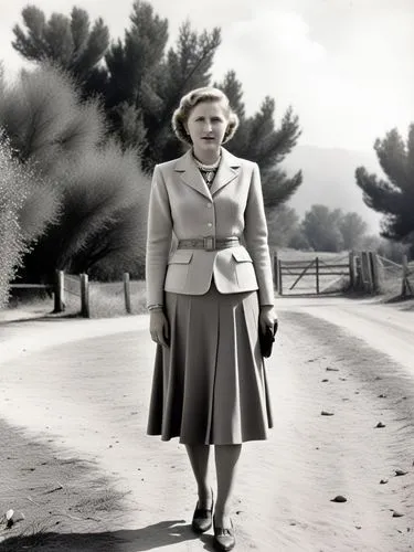 Eva Braun at the high fence in California.,woman in grey dress and white blazer posing for picture,pleasantville,eva saint marie-hollywood,stanwyck,claire trevor,doris day,greer garson-hollywood