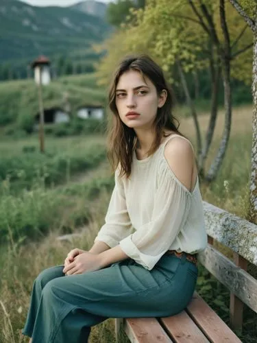 Sabina on the meadow, wearing hot pants and waiting for her boyfriend Ulrich.,a woman is sitting on a wooden bench outside,kieslowski,sokurov,sarikaya,dennings,depressed woman,sevda,Photography,Docume