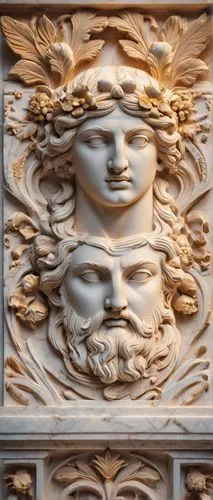 Ancient Greek architectural relief, intricate carvings, marble material, ornate details, mythological creatures, goddesses, gods, floral patterns, symmetrical composition, golden lighting, warm tone, 