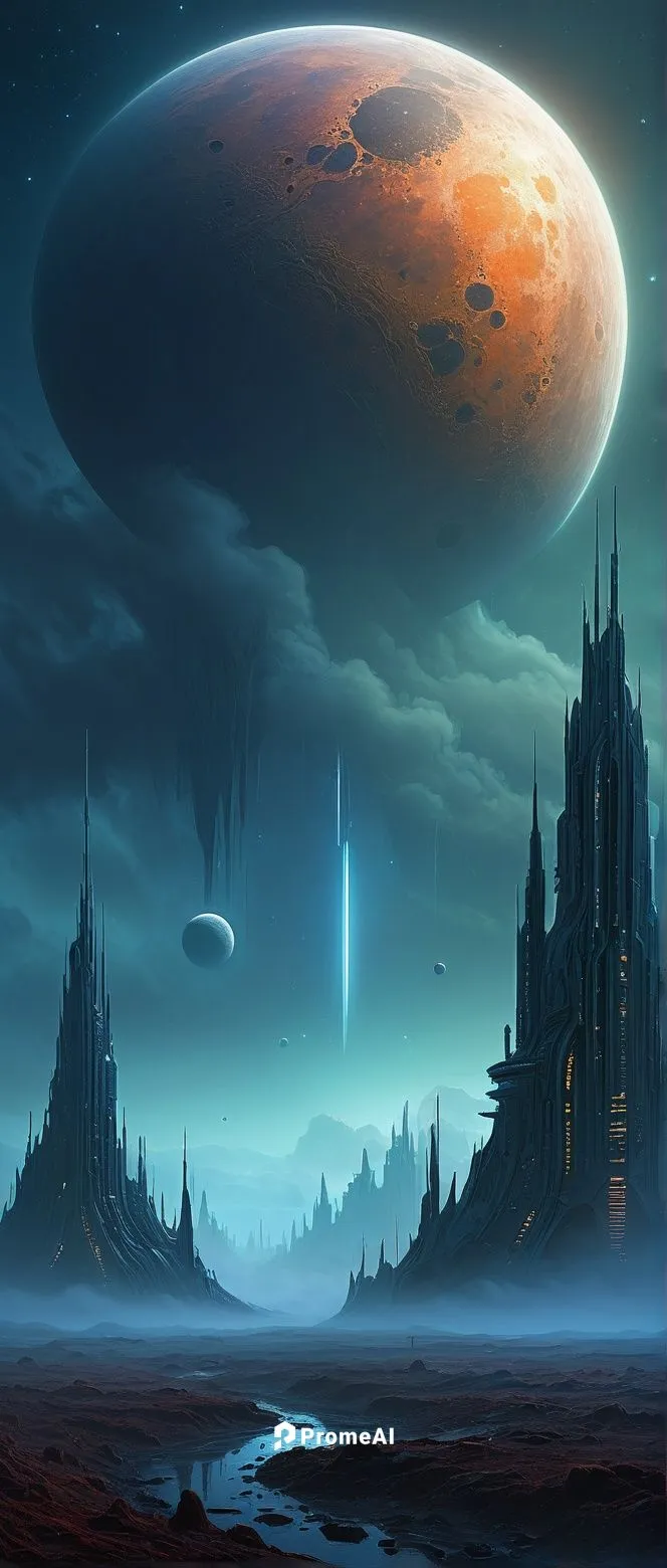 Mistyc alien planet with futurisrtic building. Fog, cold atmosphere, visible moons,alien planet,futuristic landscape,barsoom,alien world,fantasy landscape,homeworlds,gallifrey,primordia,homeworld,plan