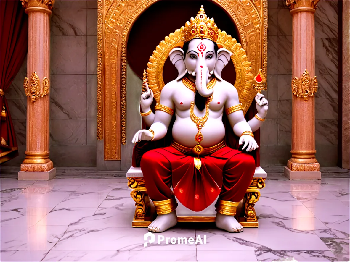 Ganesh, Hindu god, sitting, Indian deity, golden crown, four arms, white skin, red tilak, peaceful face, detailed eyes, ornate throne, luxurious fabrics, intricate carvings, Indian architecture, marbl