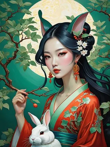 kitsune,amaterasu,oiran,geisha,oriental princess,geisha girl,Illustration,Realistic Fantasy,Realistic Fantasy 07