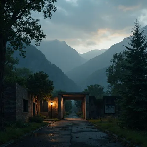 Mysterious foggy atmosphere, dark misty mountains, eerie twilight sky, ominous stormy weather, abandoned old trees, crumbling stone walls, vintage rusty gates, faded worn-out signs, moss-covered ancie