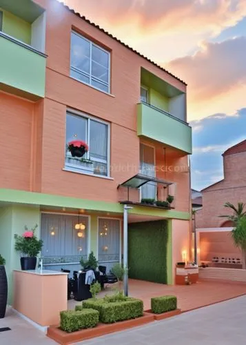 Hermosa casa de condominio estilo lujo moderno Borde de techo verde, pared exterior ladrillo terracota claro el jardín con flores, en el interior hermosos mostradores de maquillaje y productos de pelu