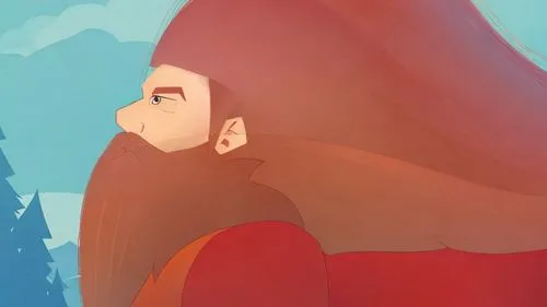 man looking in profile, very long beard, red hair, nordic background, cold colors, long hair,little mermaid,red cape,little red riding hood,red riding hood,chasm,ariel,cloak,red fish,mermaid backgroun