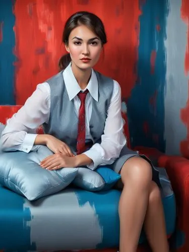 This picture shows a woman in a seated portrait. She is wearing a white shirt with a blue tie and a gray vest. The background is in shades of red and appears to contain abstract or stylized patterns. 