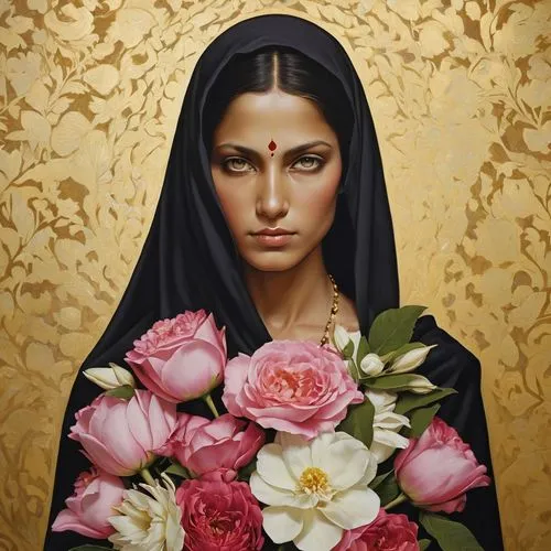 indian jasmine,sabyasachi,west indian jasmine,flower painting,jasmine blossom,splendor of flowers,jasmine flower,a beautiful jasmine,with roses,kaur,jasmine flowers,maharani,indian art,khatoon,the prophet mary,oil painting on canvas,sheikha,rouiba,tretchikoff,mother mary,Illustration,Realistic Fantasy,Realistic Fantasy 09