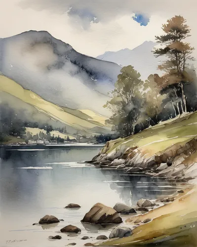 glendalough,watercolour,loch drunkie,river landscape,lake district,loch,stabyhoun,loch venachar,gap of dunloe,brook landscape,glenclova,glencoe,autumn landscape,watercolor,wicklow,loch linnhe,highlands,watercolor background,scottish highlands,water color,Illustration,Paper based,Paper Based 04