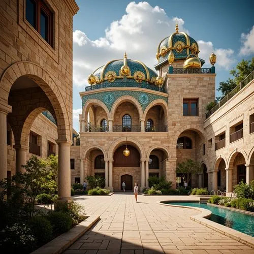 Byzantine-style visitor center, ornate stone carvings, golden domes, intricate mosaics, vibrant turquoise accents, grand archways, ornamental columns, rich textiles, majestic entrance gates, dramatic 