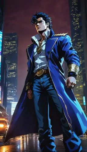 Jotaro Kujo, Stand User, cool confident pose, spiky black hair, intense eyes, bold eyebrows, stylish jacket, white shirt, blue jeans, brown boots, Star Platinum, dramatic lighting, city streets, Tokyo