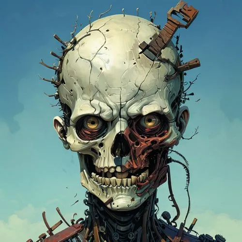 skull bones,corben,endoskeleton,skull sculpture,vintage skeleton,panhead,Illustration,Realistic Fantasy,Realistic Fantasy 28