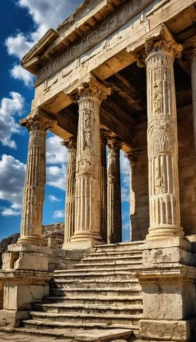 Ancient Greek temple, grandiose, marble columns, ornate carvings, intricate sculptures, symmetrical facade, majestic entrance, stone stairs, weathered exterior, aged texture, Mediterranean setting, br