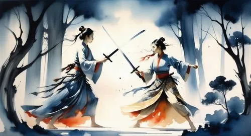 two beautiful women warriors are fighting with a sword , they wear ancient traditional dress with flora pattern , their eyes are looking at each other , the area is in the dark forest at night time , 