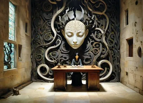 decorative art,carved wall,ornate room,wall decoration,sculptor ed elliott,wood carving,african art,wall decor,labyrinth,buddha figure,gorgon,sideboard,png sculpture,stone buddha,the throne,writing desk,wood art,buddha's hand,room divider,skull sculpture,Illustration,Paper based,Paper Based 07