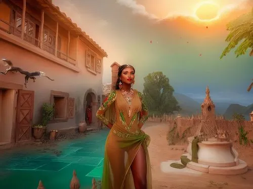 a woman standing in a courtyard near an old building,dorne,inara,inanna,mandodari,fantasy picture,wadjet,Illustration,Realistic Fantasy,Realistic Fantasy 01