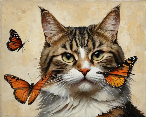 cat portrait,boloria,lepidopterist,animal portrait,oil painting on canvas,oil painting,papillon,pet portrait,julia butterfly,tabby cat,butterfly effect,painted lady,vanessa (butterfly),butterflies,metamorphosis,orange butterfly,a tiger,french butterfly,cloves schwindl inge,moths and butterflies,Conceptual Art,Daily,Daily 11