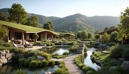 korean folk village,japanese garden,teahouse,teahouses,home landscape,japan garden,fantasy landscape,zen garden,japanese zen garden,sake gardens,landscape background,garden pond,japanese garden ornament,alpine village,rivendell,3d rendering,tea garden,landscaped,nature garden,green landscape