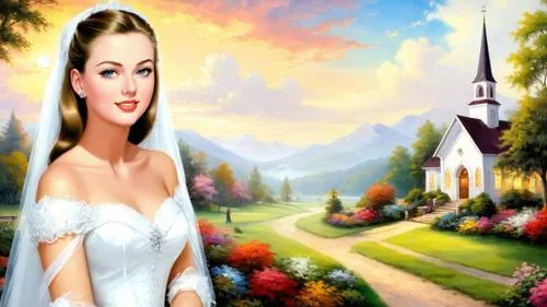 dark saturated colors, Romantic masterpiece oil painting, beautiful girl white bridal gown portrait, nostalgic 1950's style kitsch, rural American church landscape, cozy familiar scenery, by Thomas Ki