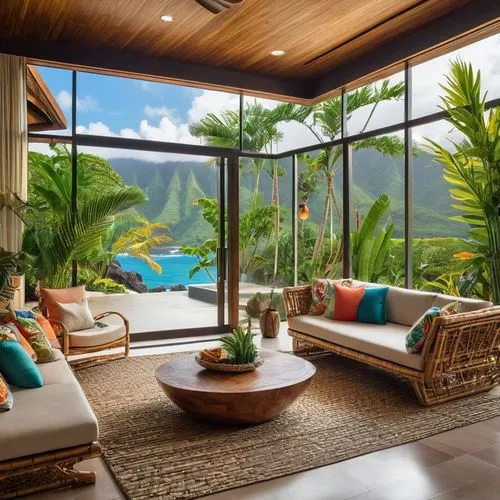 Tropical living room, luxurious villa, Hawaii, Bali, wooden furniture, rattan couch, palm tree patterned upholstery, vibrant colorful throw pillows, exotic plants, ferns, bamboo walls, natural stone f