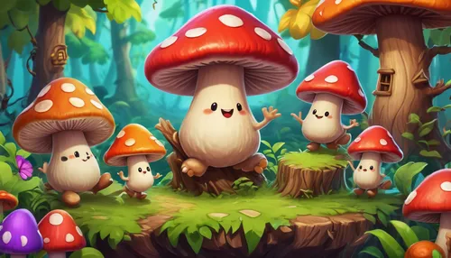 mushroom characters, playful poses, vibrant colors, cartoon style, forest background, interactive gameplay, animated textures, soft ambient lighting, side-scrolling view, fantasy elements, whimsical c