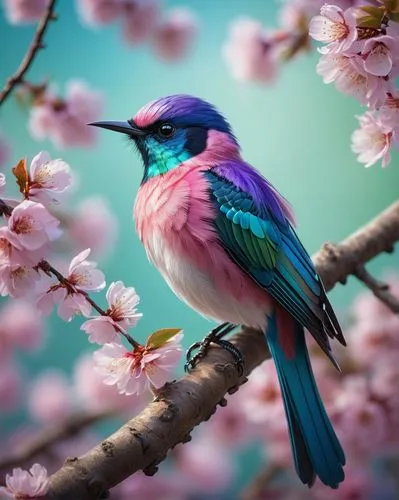 A majestic, ai-generated bird, perched on a branch of a blooming cherry blossom tree, vibrant pink flowers surrounding it, delicate feathers in shades of blue, green and purple, sparkling eyes with ve