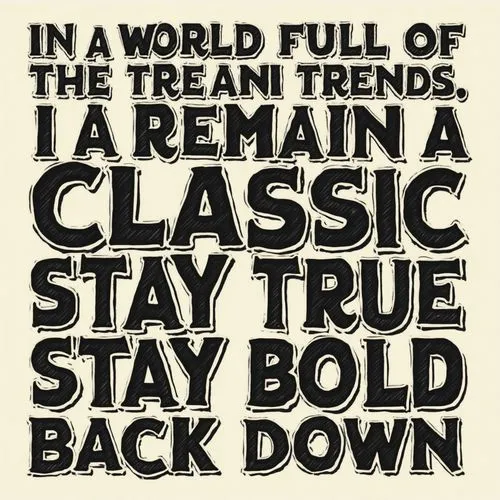 Quote: “In a world full of trends, I remain a classic. Stay true, stay bold, and never back down.”
Font Style: Bold gangster font, perhaps with a slight slant or shadow for depth.,a type of tyural art