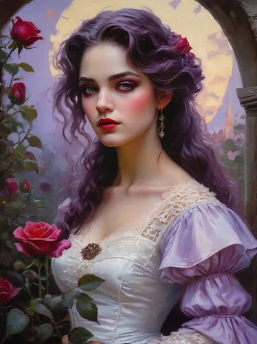 purple rose,la violetta,lilac blossom,fantasy portrait,lilac flower,purple lilac,romantic portrait,wild roses,romantic rose,lilac flowers,scent of roses,landscape rose,wild rose,fantasy art,eglantine,rosebushes,pale purple,victorian lady,lilacs,porcelain rose,Conceptual Art,Oil color,Oil Color 06