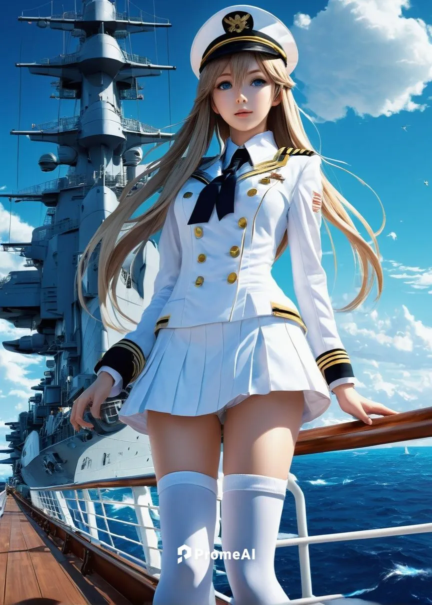 Hatsune Miku, beautiful young girl, beautiful realistic eyes, beautiful lips, light long hair, beautiful slender legs, white knee socks, dressed in a white ship captain's suit, standing on the deck of