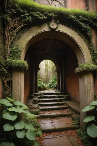 forest chapel,nyenrode,entranceway,dandelion hall,tunnel of plants,kykuit,doorways,entry path,entranceways,archways,moss landscape,green garden,entrances,winding steps,plant tunnel,fairy village,bomarzo,grotto,passageways,passageway,Illustration,Retro,Retro 05