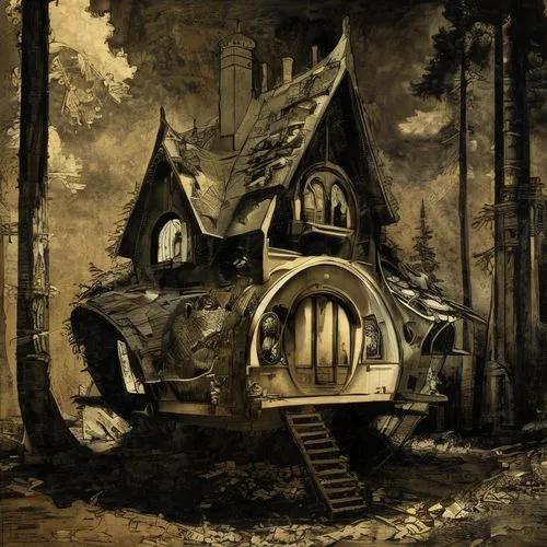 a cartoon image of a hobbot house on the shore of the ocean,witch house,witch's house,house in the forest,charcoal nest,fairy house,burchfield,lostplace,wood doghouse,blackmoor,lost place,crooked hous