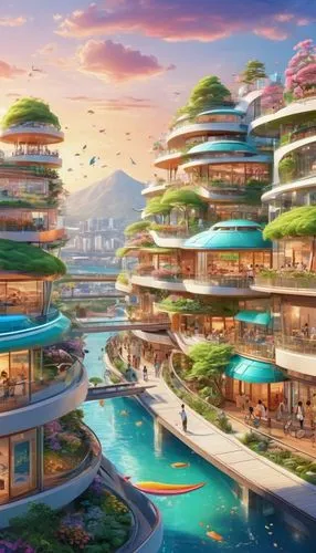 floating islands,ecotopia,seasteading,floating island,seaside resort,futuristic landscape,yamatai,artificial islands,harborfront,floating huts,paradisus,houseboats,resort,resorts,fantasy city,aqua studio,paradis,summerland,diamond lagoon,hainan,Illustration,Japanese style,Japanese Style 01