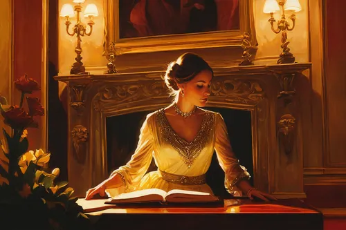 girl studying,study,jane austen,pianist,librarian,golden candlestick,victorian lady,meticulous painting,golden crown,scholar,the crown,cg artwork,cinderella,tutor,church painting,queen anne,game illustration,reading,imperial crown,romantic portrait,Conceptual Art,Daily,Daily 12