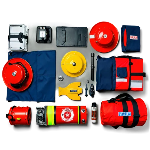 各種消防搶救器材,an overhead view of some emergency gear including life jackets, fire hoses and rescue vests,toolbox,telephone set,toolboxes,derivable,components,bakelite,Unique,Design,Knolling