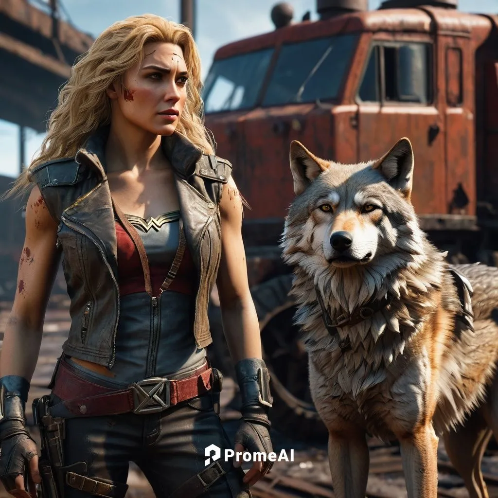 Close up shot of a wolf In front of a rusty old  locomotive  is standing  a big red, light-brown wolf with smooth fue together with a military hair cut female 45 years old blonde similar style  wonder