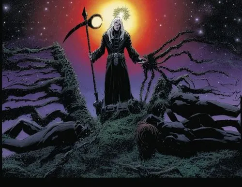 a person in black clothes holding two swords,hecate,dreadstar,nekron,corben,wiccan,mignola,Illustration,American Style,American Style 06